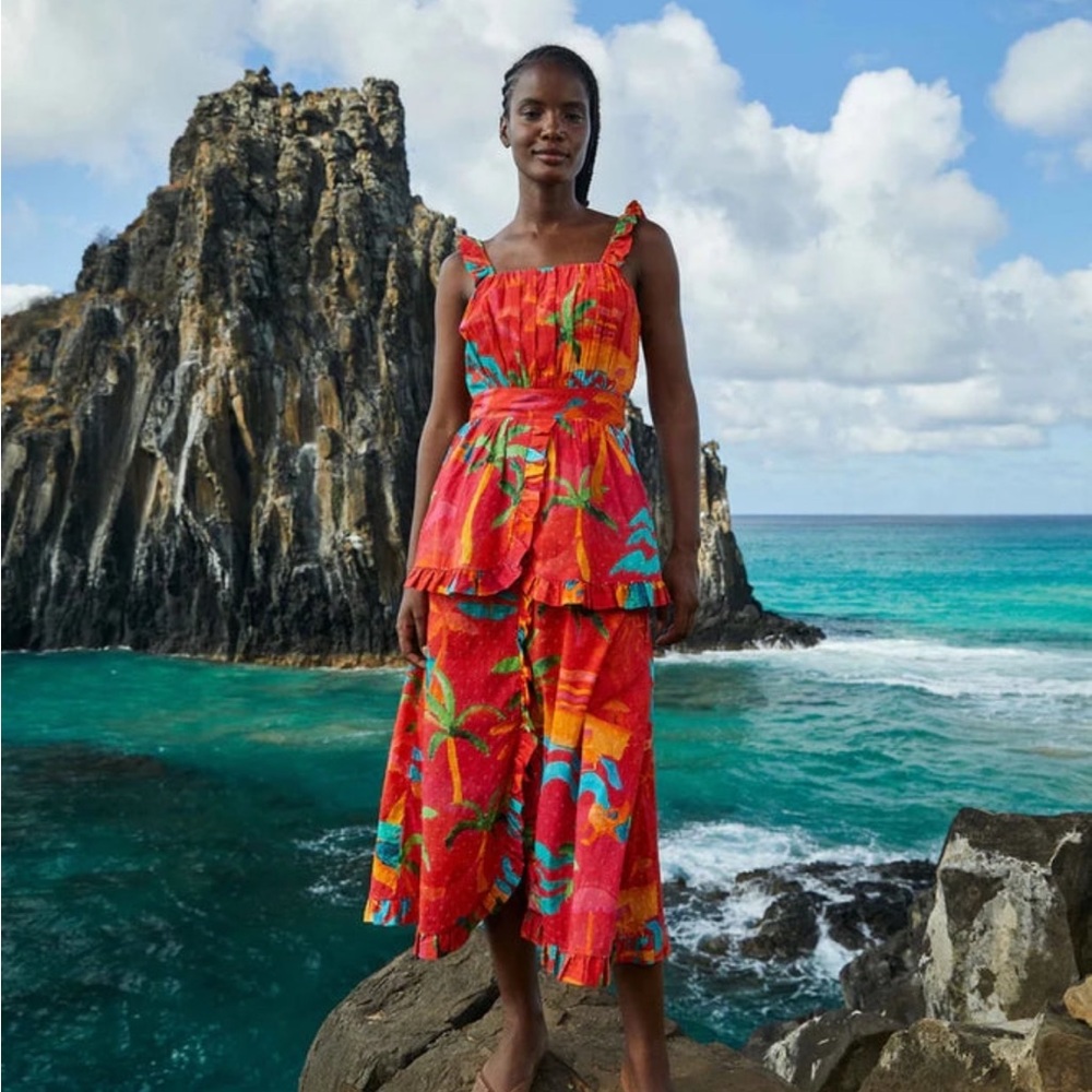 NWT Farm Rio Ipanema Red Tropical Ruffle Midi Dress - Picture 6 of 6